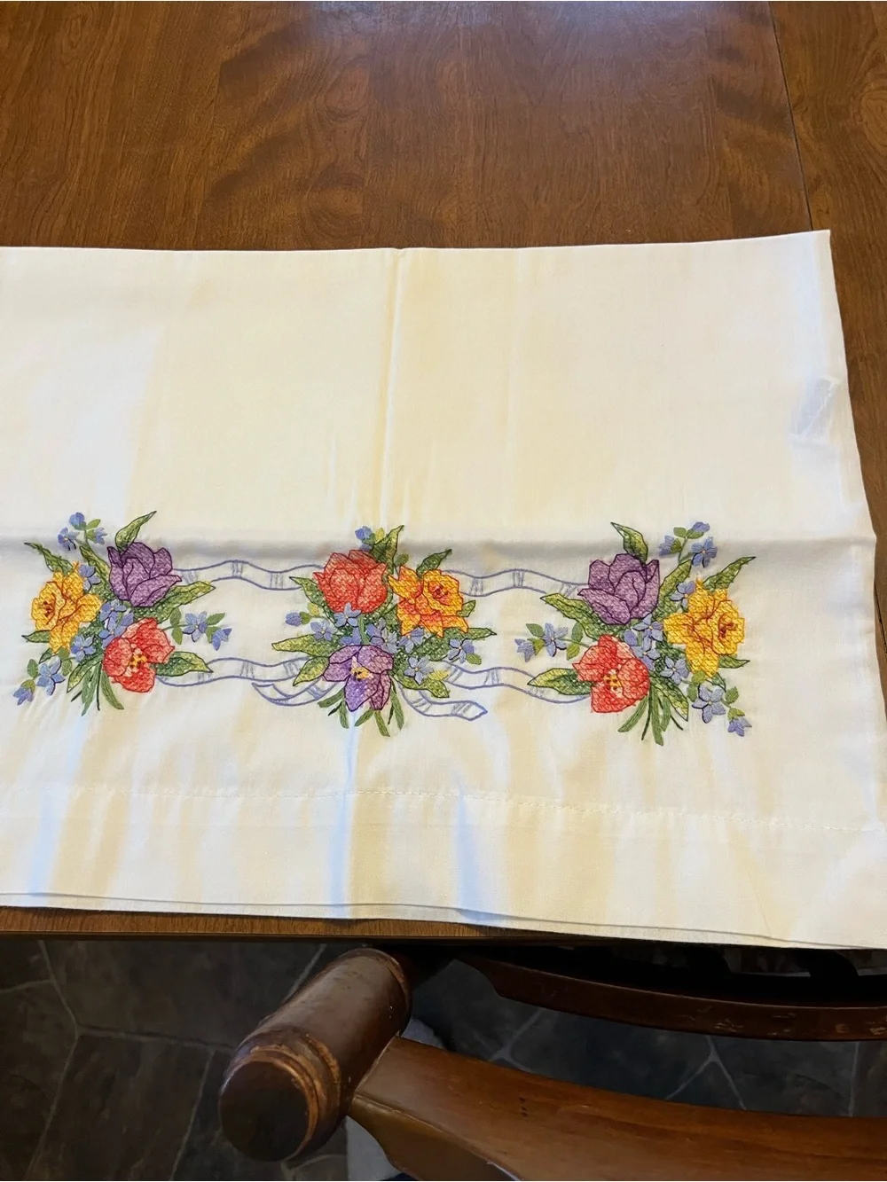 Floral Embroidered White Pillowcase Pair - Multicolor Bouquet Design